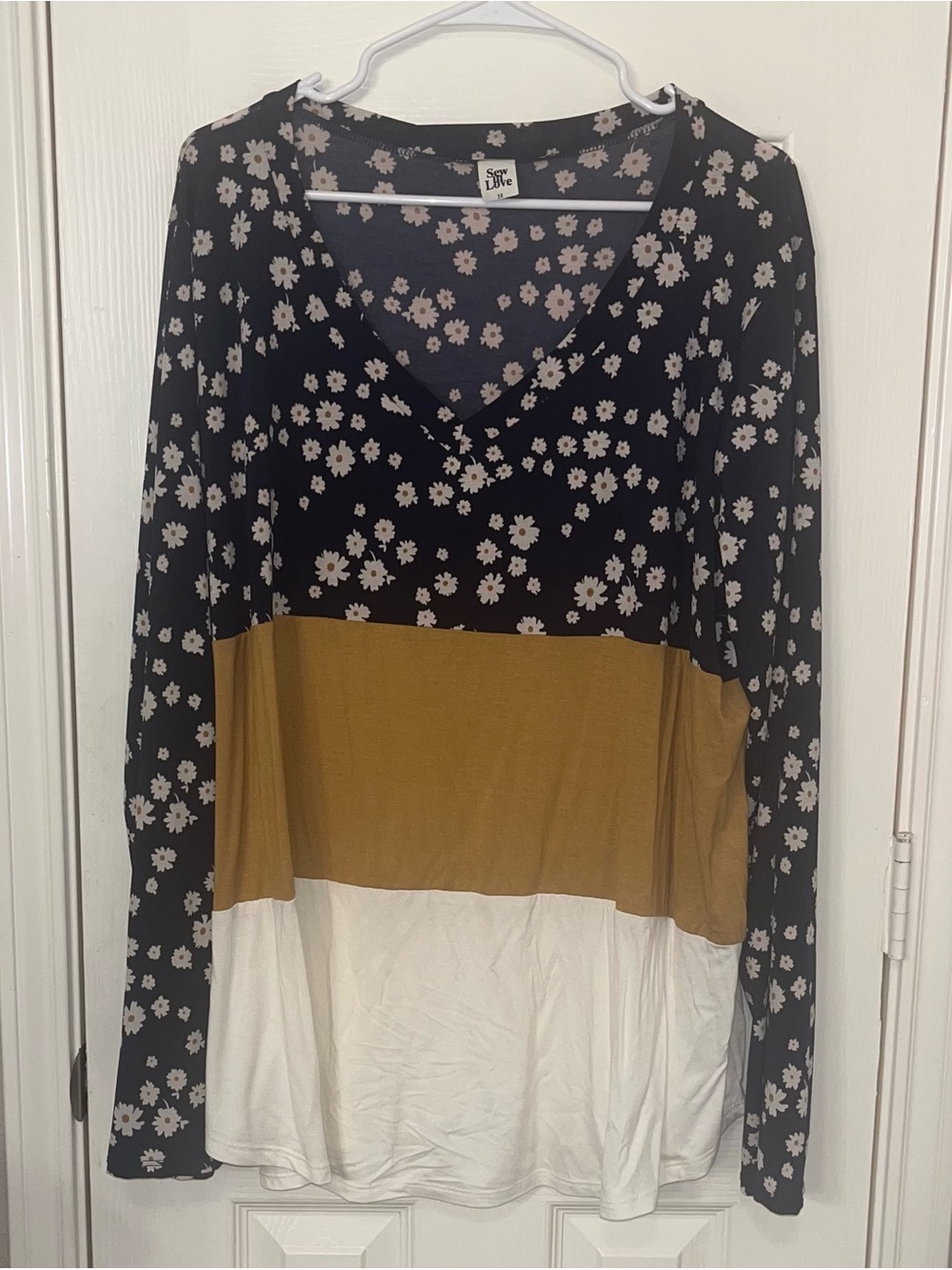 Sew In Love Colorblock Floral V-Neck Long Sleeve Top - Black/Mustard/White